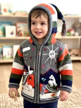 Hand-Knit Whimsical Gnome Hooded Cardigan Sweater Sun Llama Chicken Rabbit Cozy